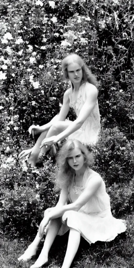 Prompt: young nicole kidman, long hair, beautiful dress, 1930, out of focus, sitting in green garden