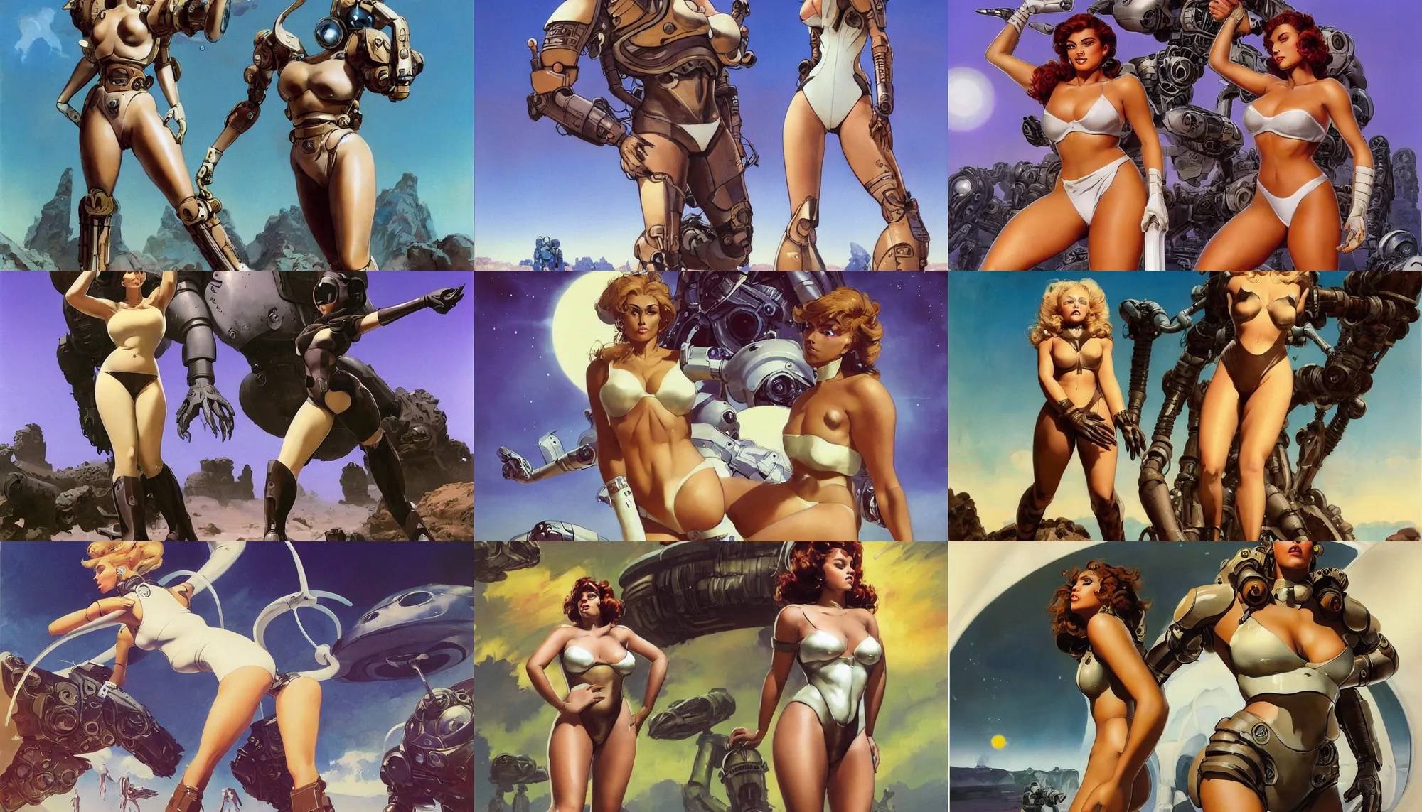 Image similar to A mixed media portrait painting of a very beautiful light-brown-hair woman on an alien planet, very curvy, aesthetic! high-waisted white-bikini-futuristic-armor and boots, sweat, aesthetic symmetrical face and eyes, model, wet, pacific-rim-mech in background, eighties pinup style, by Frank Frazetta, Boris Vallejo, Beeple, Greg Rutkowski, Christian MacNevin, goddess, bombshell, epic fantasy character art, high fantasy, CGsociety, exquisite detail, post-processing, masterpiece, cinematic