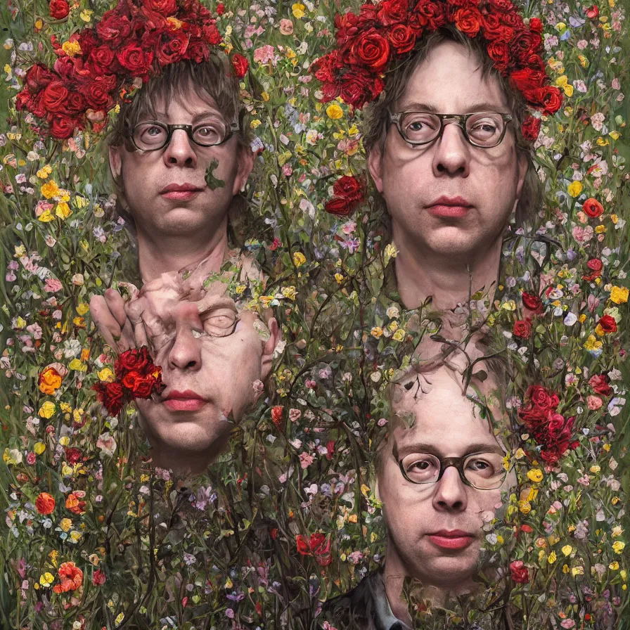 Image similar to todd solondz john zorn, male portrait of the john zorn todd solondz of the underworld puking blood, surrounded by flowers by karol bak, james jean, tom bagshaw, rococo, trending on artstation, cinematic lighting, hyper realism, octane render, 8 k, hyper detailed.