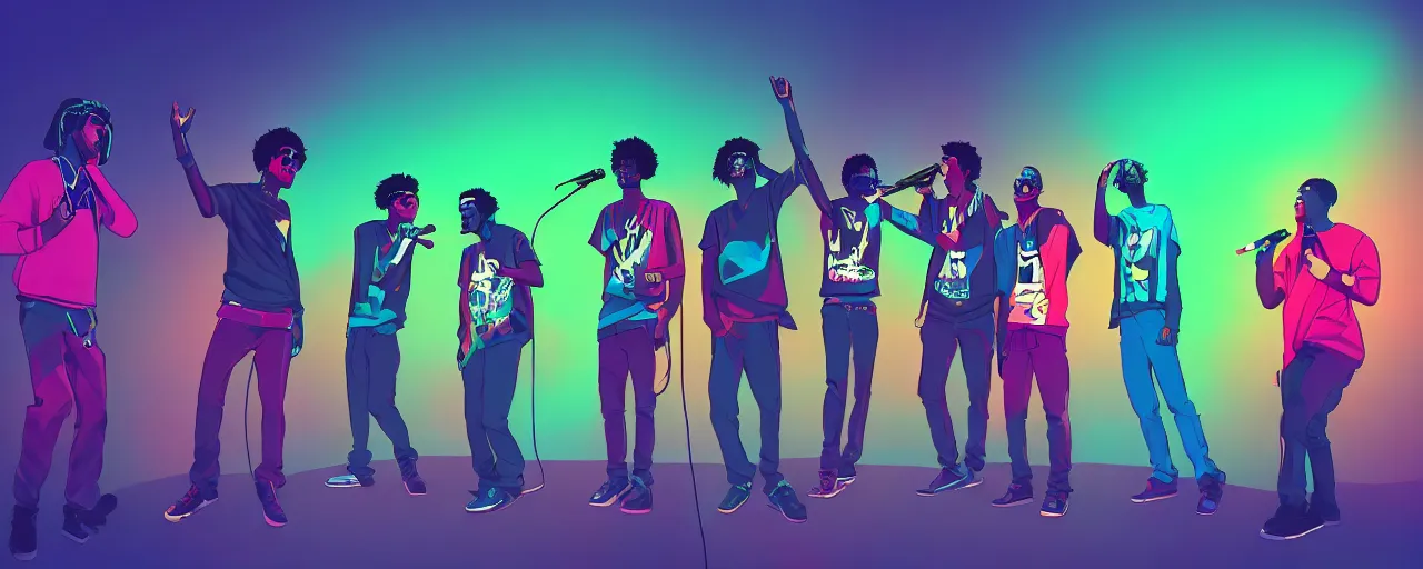 Prompt: four friends rapping with microphone in living room, epic pose, silhouetted, distinct, multiracial!!!!!, diverse representation, digital art, vaporwave, psychedelic, surreal, hip hop, trending on Artstation, professional artist, detailed, 4k