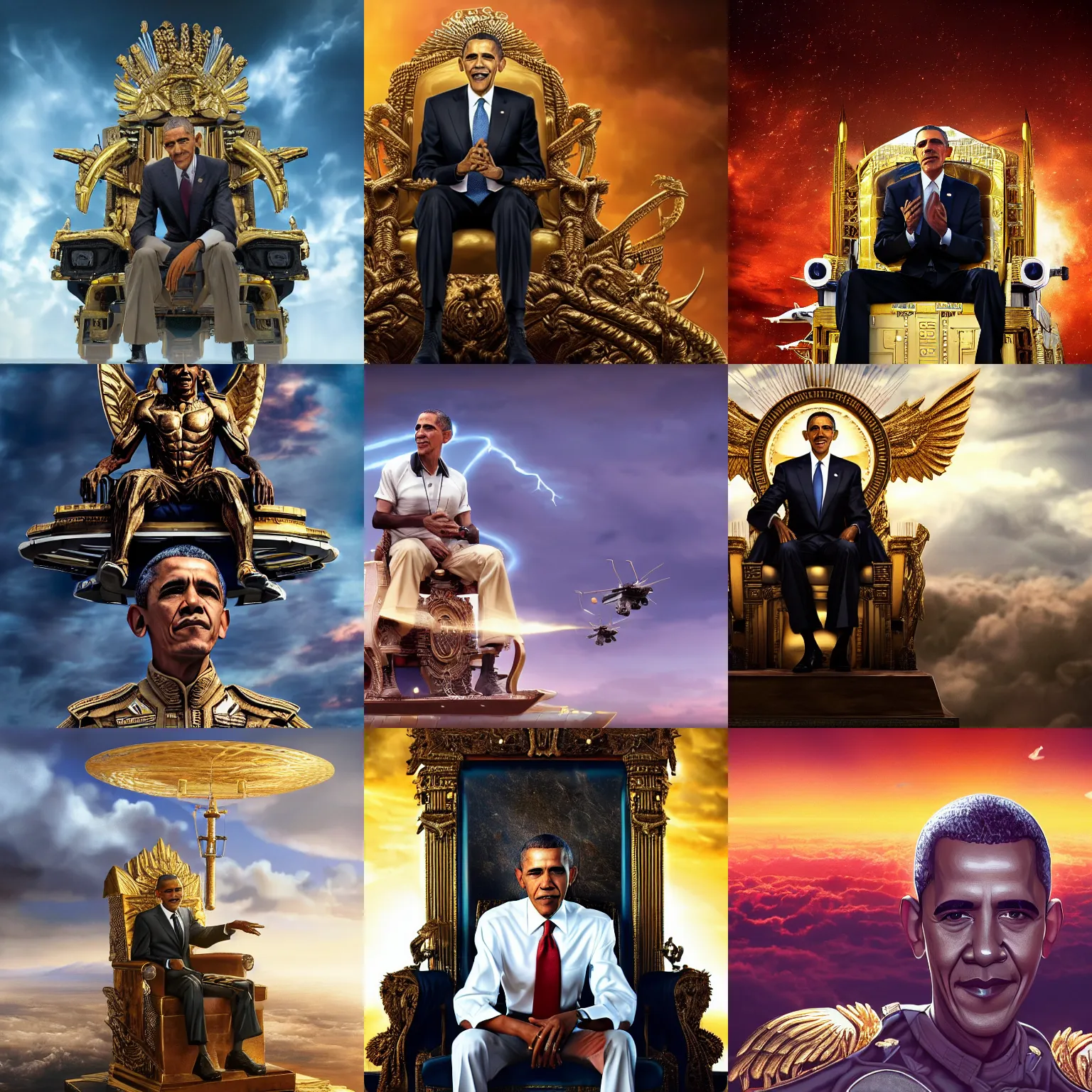 Prompt: render of Barack Obama (played by Barack Obama) sitting in the sky on a golden throne, MQ-1 Predator Drones (military) flying, intricate details, Key Art, award winning, Artstation, sharp, Hyperdetailed, 8k resolution.