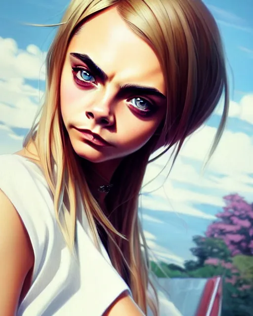 Prompt: portrait of Cara Delevingne as Anime girl cute-fine-face, full body! pretty face, realistic shaded Perfect face, fine details. Anime. realistic shaded lighting by Ilya Kuvshinov Giuseppe Dangelico Pino and Michael Garmash and Rob Rey