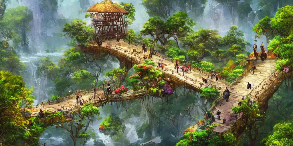 Image similar to a beautiful nature civilization, fancy, flowers, bridges, nature city, people, tree houses, trending on artstation, behance, deviantart