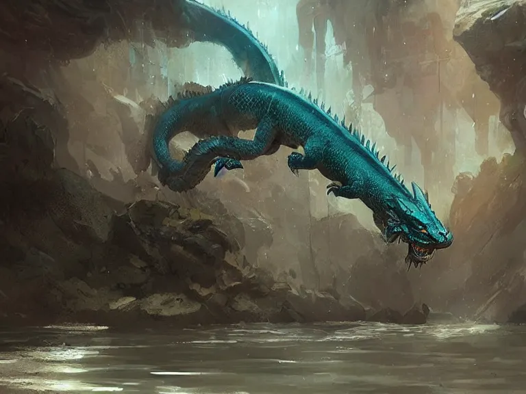 Prompt: mysterious water dragon, concept art by Greg Rutkowski, artstation, cgsociety