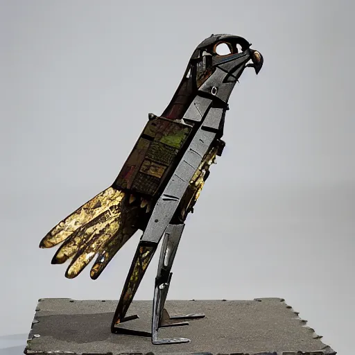 Image similar to A hawk model built from scrap metal, standing on asphalt, detailed close up photograph