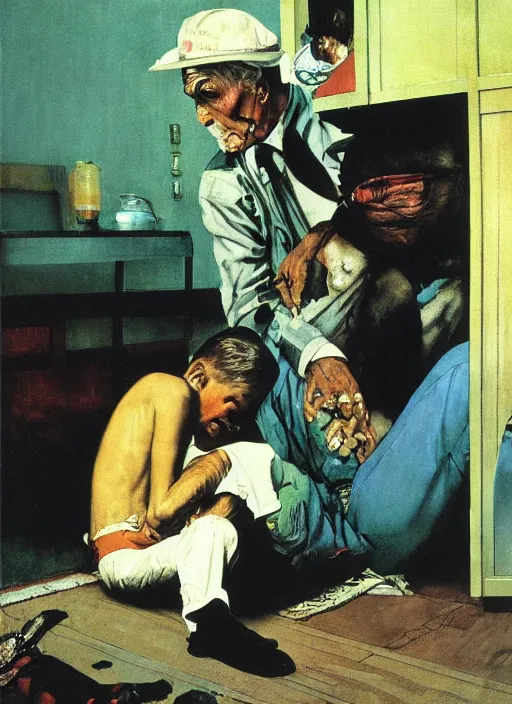 Prompt: dennis hopper crawling around on the floor of a dingy apartment, painted by norman rockwell and tom lovell and frank schoonover and everett raymond kinstler, green, dystopian