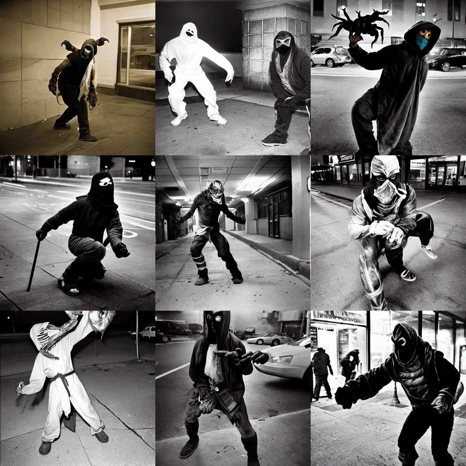 Prompt: homeless sub zero from mortal kombat in a mask fighting homeless scorpion, by bruce gilden, on a parking lot, overexposed, harsh flash, grainy, dim color, magnum photos