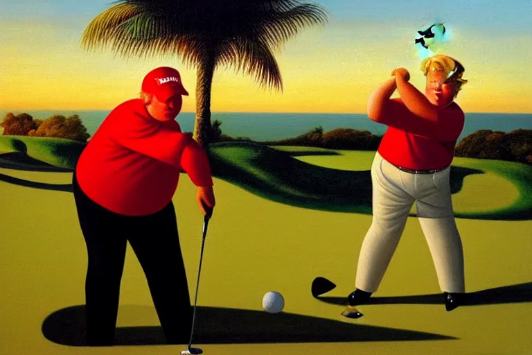 Image similar to chubby Donald Trump with red base cap playing golf on a golf course nearby the sea in the sunset with palms, by Botero, oil painting