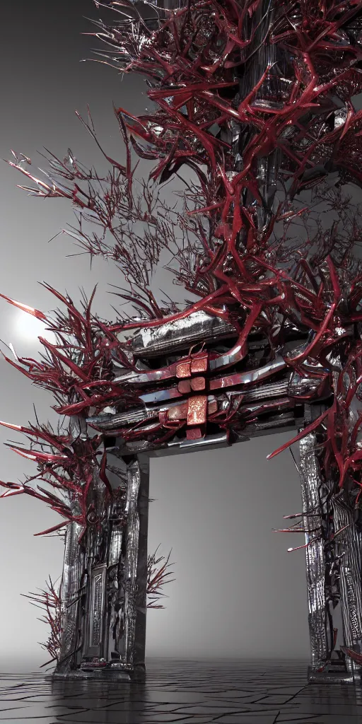 Prompt: 3 d render of a torii gate sculpture made of chrome, chrometype, made of liquid metal, fractal neotribal with thorns and thunders, cyberpunk japanese temple, raytraced, hyper realistic, volumetric lightning, 8 k, by zhelong xu, ouchh and and innate studio