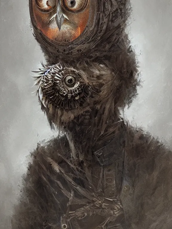 Prompt: a ultradetailed beautiful concept art of a strange human, hiding his face with an intricate wooden mask of an owl, high resolution 4 k, by tom bagshaw, greg rutkowski, charli bowater