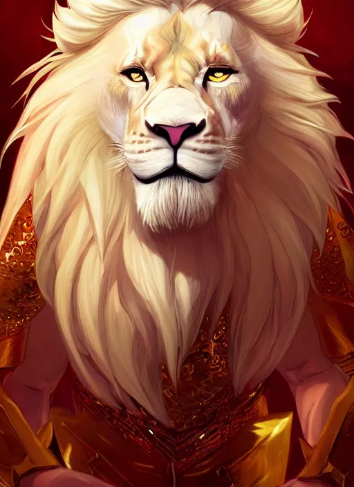 Image similar to award winning beautiful portrait commission of a male furry anthro albino lion with a beautiful hyperdetailed attractive outfit and face wearing a golden and red rockstar outfit on a stage. Character design by charlie bowater, ross tran, and makoto shinkai, detailed, inked, western comic book art