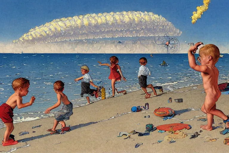 Prompt: kids playing at the beach, huge atomlc explosion in the background, wide angle lens, detailed, by norman rockwell, by mattias adolfsson, by moebius, oil on canvas,