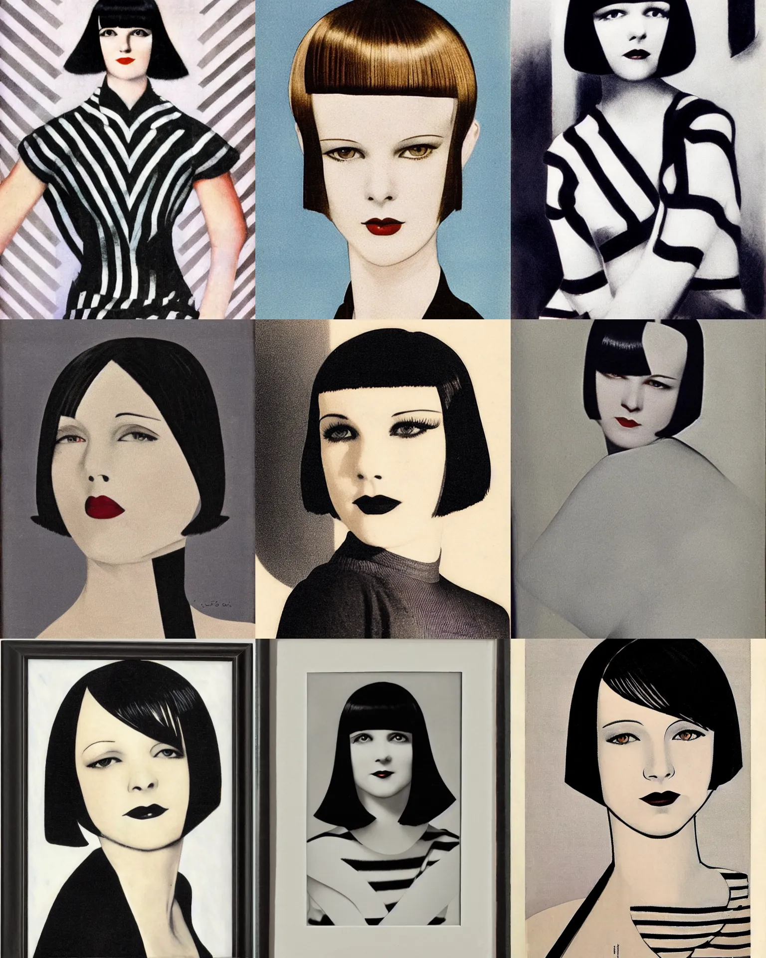 Prompt: mary louise brooks 2 0 years old, bob haircut, portrait by jean carlu, 1 9 2 0 s, straight lines, art deco stripe pattern, right angles