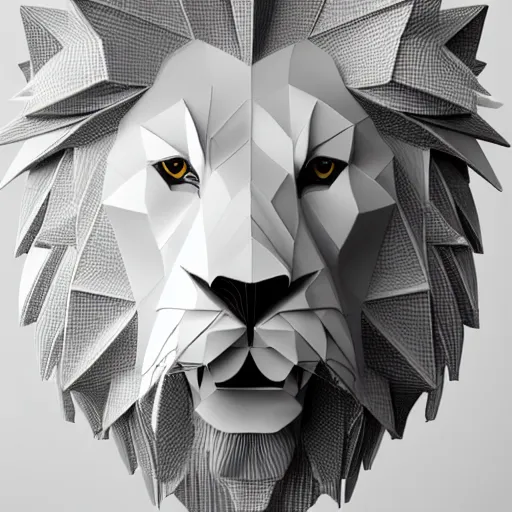 Image similar to origami lion in white paper, 3 d render, ultra detailed, on white background, studio shot