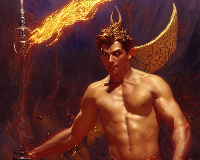 Image similar to attractive male deity, casting dark magic, summoning handsome lucifer morningstar, highly detailed painting by gaston bussiere, craig mullins, j. c. leyendecker