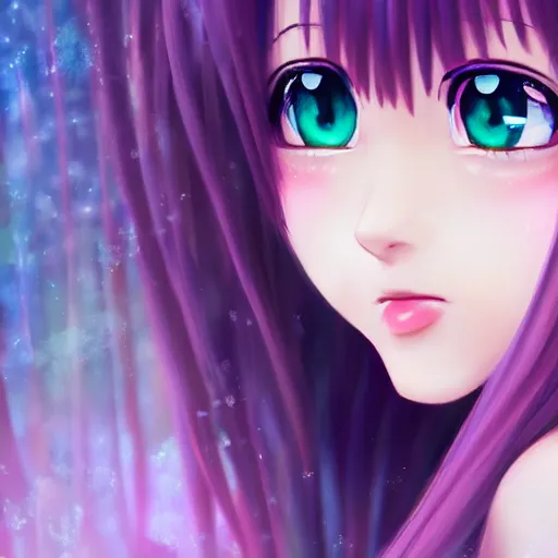 Image similar to 3d portrait of an adorable anime girl with long hair, looking partly to the left, blue shining eyes, light makeup, light pink lipstick, purple eyeliner, bokeh effect with forest background, 4k, highly detailed, anime art style, soft brushes