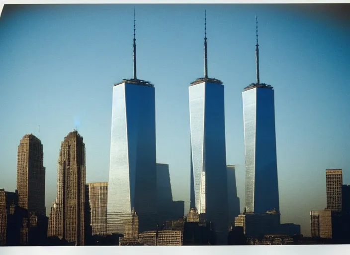 Prompt: 1 9 9 0 s polaroid of the twin towers wtc