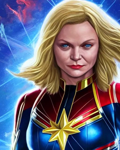 Prompt: hyper realistic painting of young michelle pfeiffer in captain marvel suit, hyper detailed, by clay mann, trending on artstation