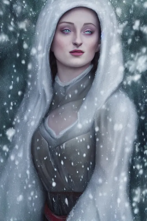 Image similar to matte painting of sophie turner as snow white, by greg rutowski