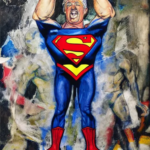 Prompt: ripped physique Portrait Donald trumpwearing a superman costume lucian freud odd nerdrum john hoyland greg rutkowski chris cold andrew wyeth niel welliver peter doig robert rauschenberg mark ryden