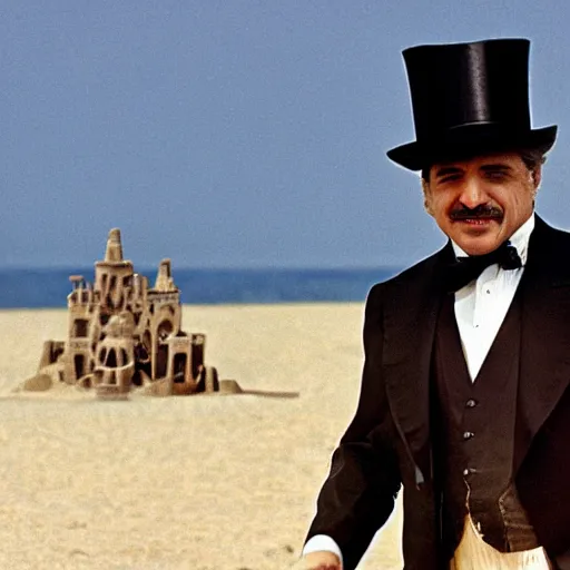 Prompt: the godfather wears a top hat and smiles. 5 0 mm, cinematic, technicolor. sea and beach and a sandcastle in the background. it's raining.