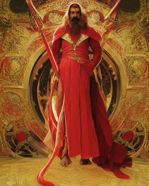 Prompt: A Full View of a Red Wizard wearing a robe and ornate armor. masterpiece 4k digital illustration by Ruan Jia and Mandy Jurgens and Artgerm and greg rutkowski and Alexander Tsaruk and WLOP and william-adolphe bouguereau, award winning, Artstation, art nouveau aesthetic, Alphonse Mucha background, intricate details, realistic, panoramic view, Hyperdetailed, 8k resolution, intricate art nouveau