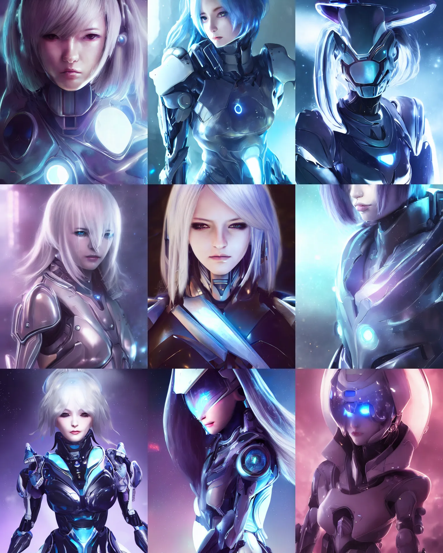 Prompt: perfect android girl in a night tokyo, warframe armor, beautiful face, scifi, futuristic, galaxy, nebula, raytracing, dreamy, long white hair, blue cyborg eyes, sharp focus, cinematic lighting, highly detailed, artstation, divine, by gauthier leblanc, kazuya takahashi, huifeng huang