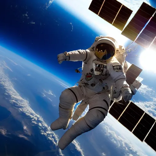 Image similar to an astronaut standing on the ISS floating above earth, breathtaking, cinematic, dramatic lighting, volumetric, cinematic composition, awe inspiring