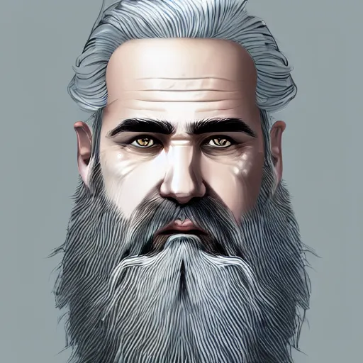 Prompt: a highly detailed headshot portrait of a epic massive fantasy man with grey hair and beard staring ominously concept art