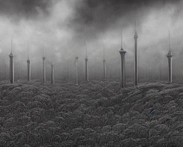 Prompt: hyperrealistic detailed landscape painting of a grayscale desaturated monochromatic hellscape with tall pillars of smoke and motion blur on the grass, atmospheric dark lighting, epic lighting, dark clouds in the sky, very moody, 1980s metal artwork, dystopian feel, heavy metal, in the style of Michael Whelan and Zdzisław Beksiński, hyper detailed, trending on Artstation