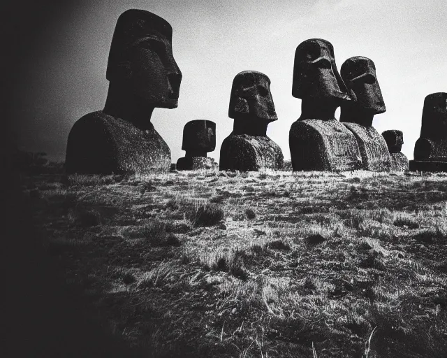 Image similar to black and white noir film with moai