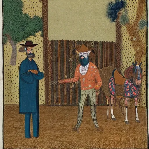 Prompt: bearded cowboy talking to emir in a palatial garden, persian folkore illustration