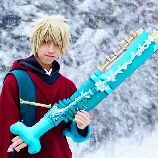 Image similar to of sora cosplay holding keyblade with snow background