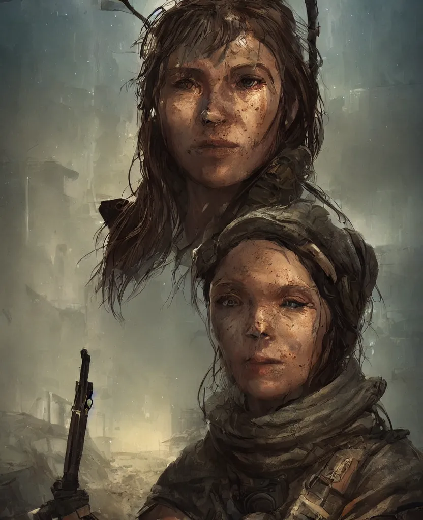 Image similar to portrait of survivalist woman in a post apocalyptic city, beautiful concept art trending on artstation by senior concept artist