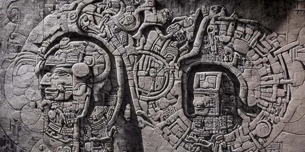 Image similar to pascal votan the space navigator as etched in stone, Mayan hieroglyph by Liam Wong and Boris Vallejo