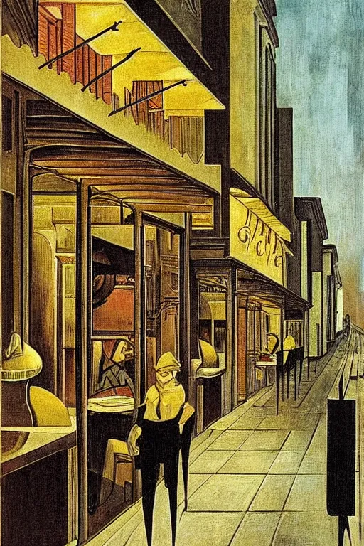Image similar to empty cafes on a rainy night in a cyberpunk city street by giorgio de chirico