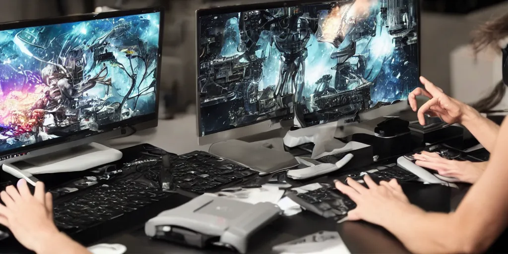 Prompt: stunning photo of a visual effects artis with multiple arms and very long fingers typing on their computer keyboard while working on a scifi movie, real photo, very impressive, toys ont eh desk