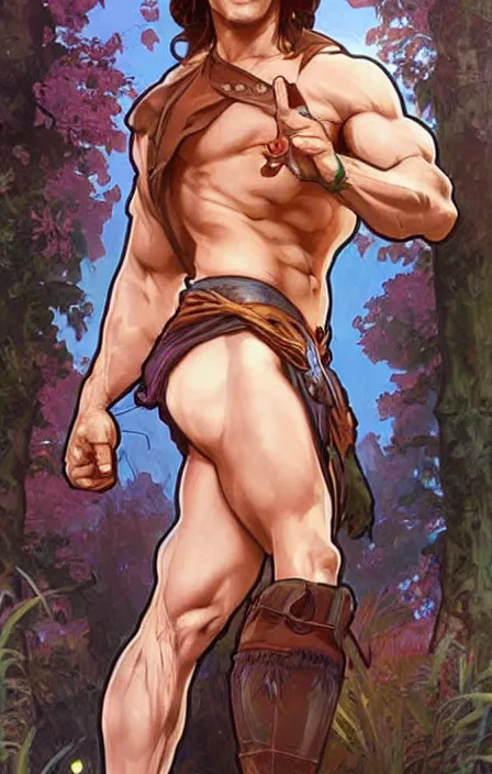 Image similar to pretty muscular sam winchester as a character in romance book art design, character concept, sharp focus!, ultra detailed, art by artgerm alphonse mucha, wlop