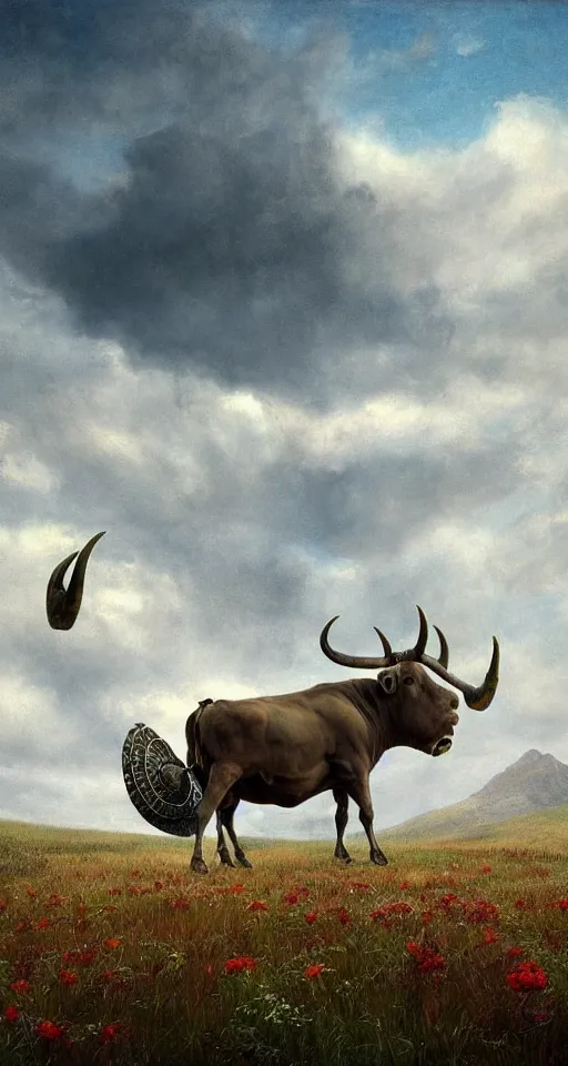 Image similar to a medium shot of a giant bull with horns decorated!!! with bells and ribbons, background is the spiral stairs heading to sky, in the steppe, autumn field, misty background, from the game pathologic 2, highly detailed, sharp focus, matte painting, by rosa bonheur, by isaac levitan and asher brown durand,