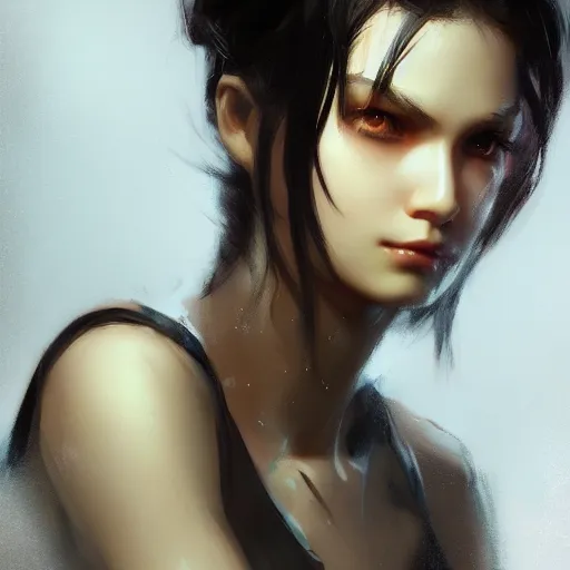 Image similar to a cute and beautiful girl by ruan jia, 8 k, closeup headshot, smooth, trending on artstation, black long hair, black eyes, movie poster style