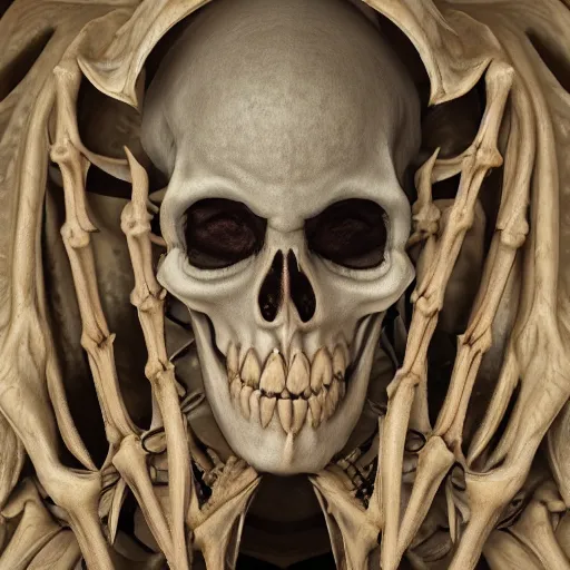 Prompt: photorealistic still portrait photograph of real - life ainz looking at the camera, overlord, depth of field, soft focus, highly detailed, intricate, realistic, national geographic cover, textured detailed skeleton, professional archeological photograph