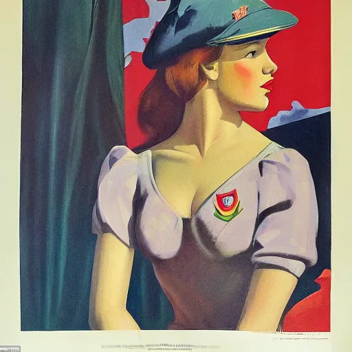 Image similar to highly detailed propaganda poster portrait of the leader of fascist hungary, barbara palvin looking into the distance, fashion items in the background, by edward hopper