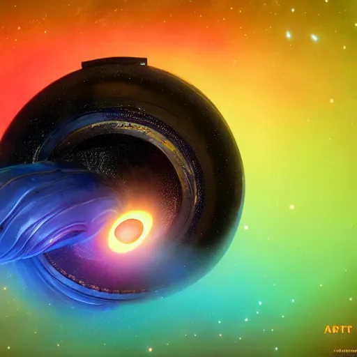 Image similar to glorious 3D black hole in movie, intergalactic, space theme, galaxy colored, hyperdetailed, digital painting, trending on Artstation, cel-shading style, CG society, hyperdetailed, digital painting, hypermaximalist, golden ratio, volumetric, octane render, weta digital, micro details, 3d sculpture