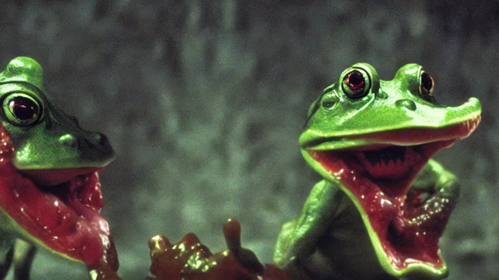 Prompt: an anthropomorphic frog with a mouth full of sharp teeth laughing maniacally, a satanic ritual, by Brian Froud and John Carpenter. Movie screenshot directed by Stephen Spielberg, and cinematography by Roger Deakins. Shot from a low angle. Cinematic.