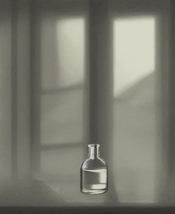 Prompt: a pencil drawing of one round potion bottle on a messy table, sunlight from a window, soft lighting, atmospheric, bottle is the focus. by pen tacular