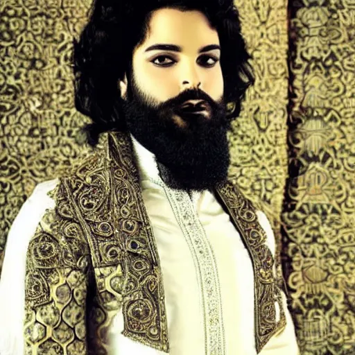 Prompt: prince with a thick beard and long hair, Arabic
