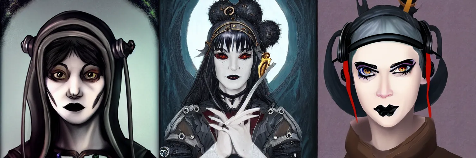 Prompt: highly expressive d&d character portrait of a goth tinkerer with an attitude wearing medieval headphones, facial scar, bangs, many ear piercings and jewelry, dark robes