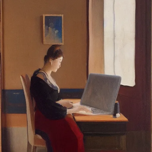 Prompt: 2 0 th century painting of a woman gazing contemplatively at a computer