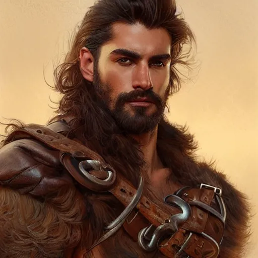 Image similar to portrait of a young, ruggedly handsome ranger, muscular, half body, leather, hairy, d & d, fantasy, intricate, elegant, highly detailed, digital painting, artstation, concept art, smooth, sharp focus, illustration, art by artgerm and greg rutkowski and alphonse mucha