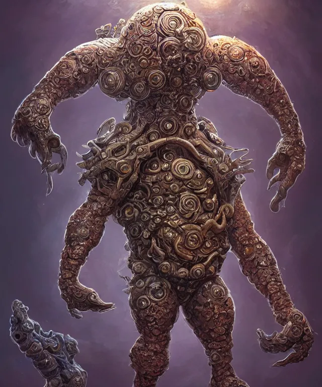 Image similar to hziulquoigmnzhah, the god of cykranosh, a spheroid body, elongated arms, short legs, head dangling underneath, fantasy, intricate, elegant, highly detailed, digital painting, artstation, concept art, matte, sharp focus, illustration, art by keith thompson and christopher lane